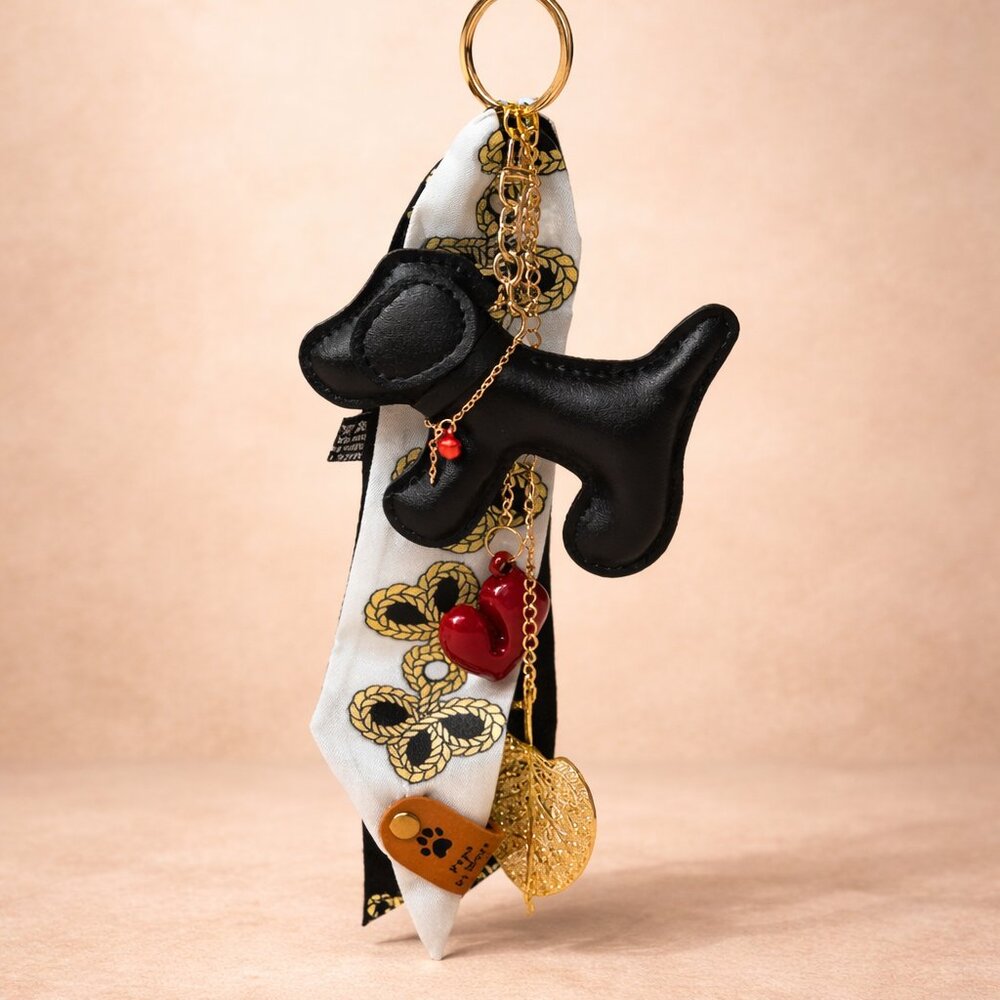 Dog Charm Keychain – Black Pup with Ribbon, Beads & Gold Leaf